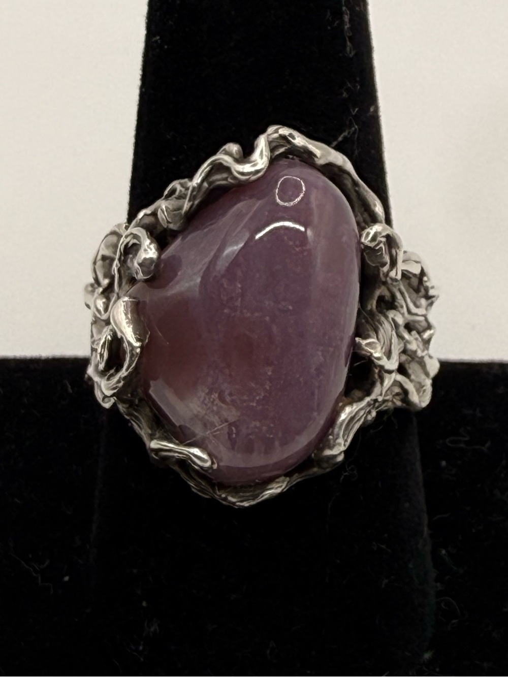 Vintage Brutalist Sterling Silver Lavender Purple Stone Ring Size 9.75